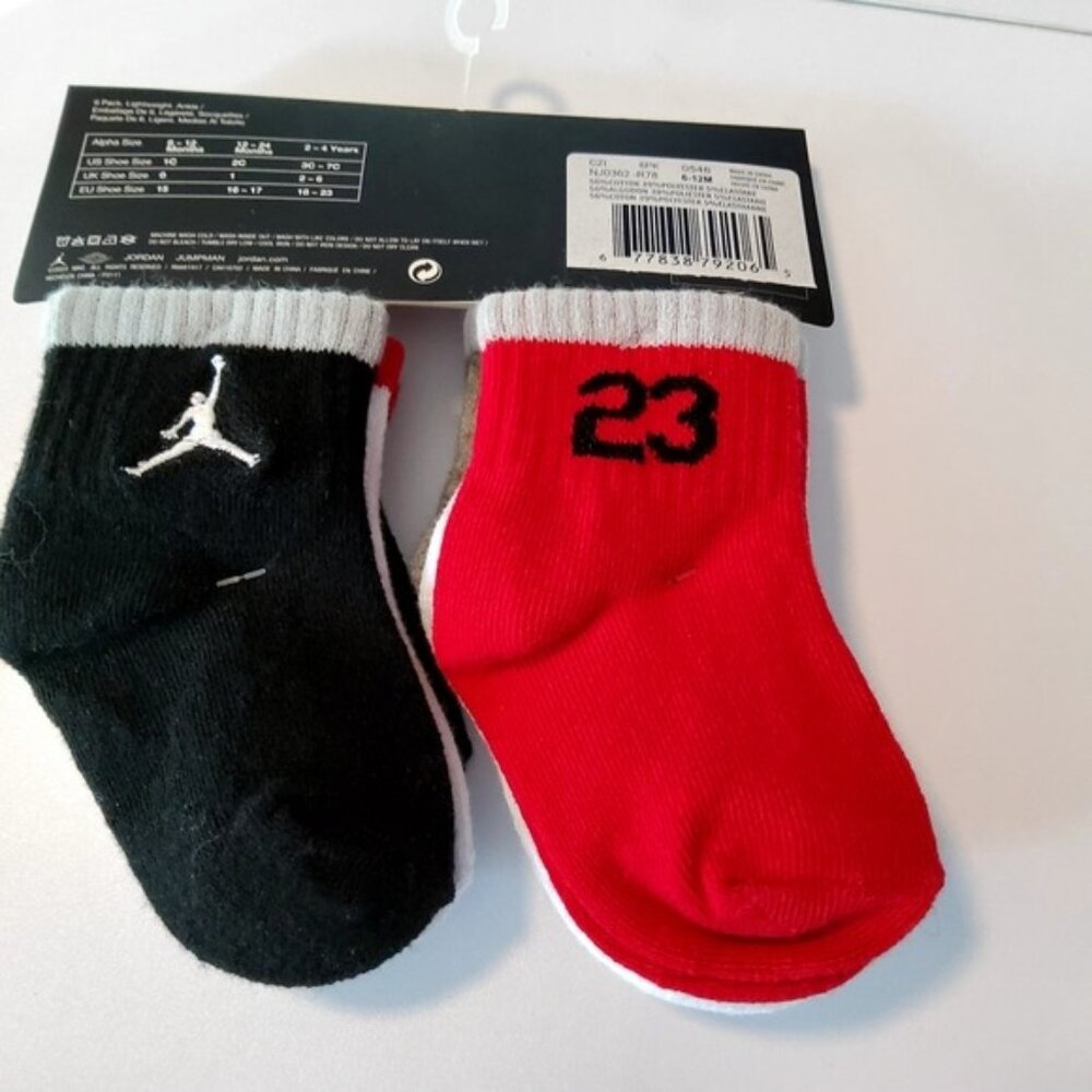 Jordan Baby 6 Pack Lightweight Ankle Socks~ Gray, White, Red & Black 6-12 Months